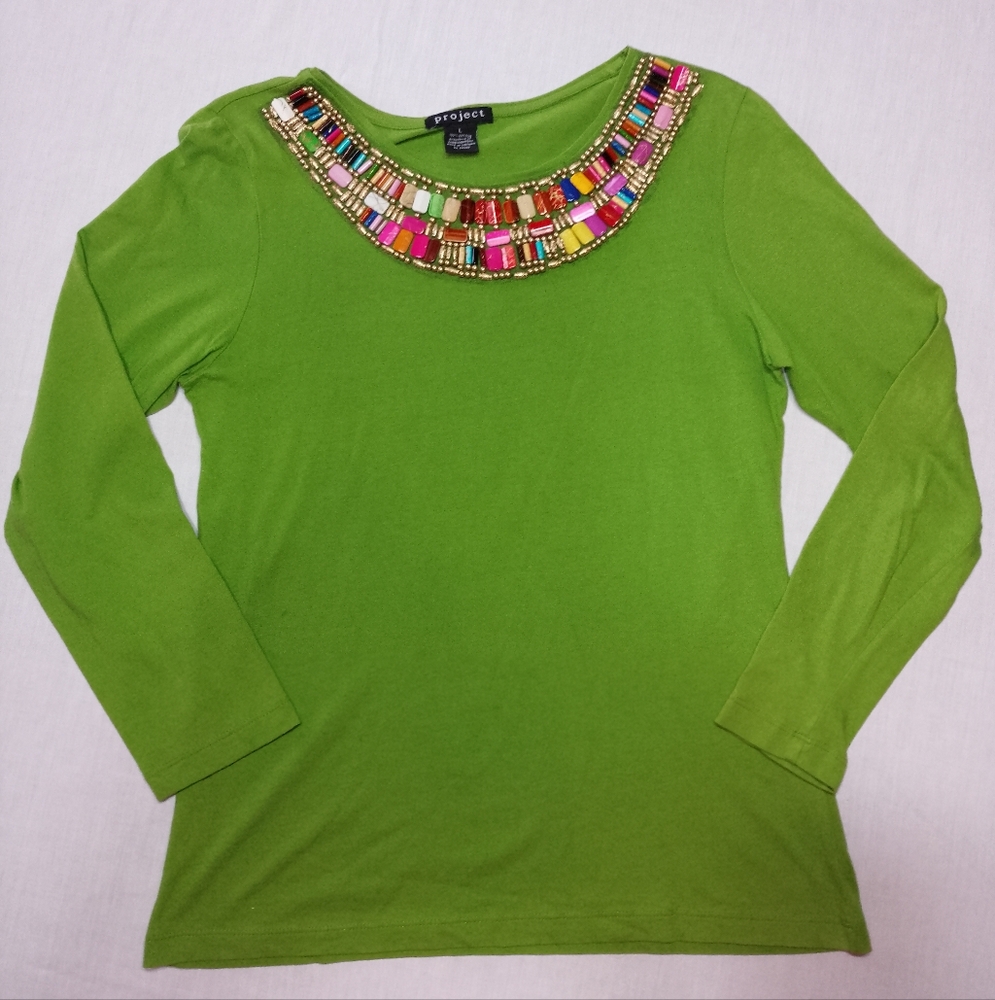 Project Long Sleeve Top Embellished Beaded Neckline
